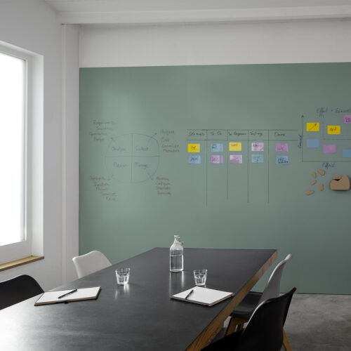 een WhiteBoardwand op maat in PMS kleur geprint.