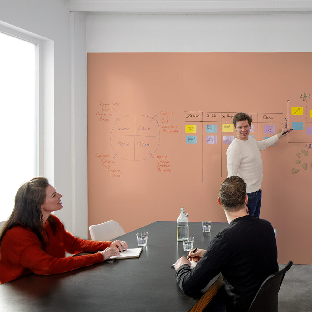 Whiteboardwand op maat in PMS kleur geprint.